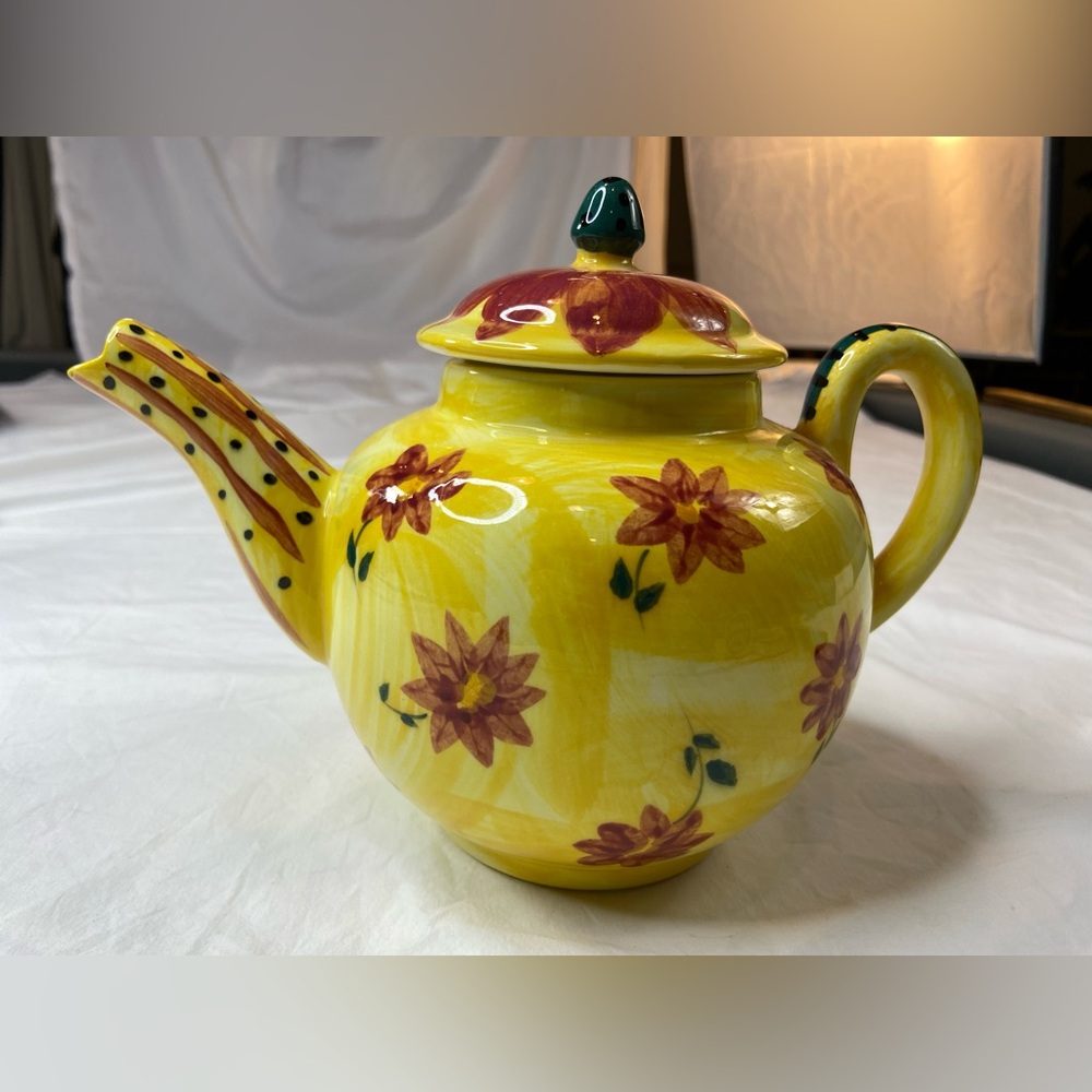 Cheerful Hand‎ Made Floral Ceramic Teapot Yellow Orange Vintage
